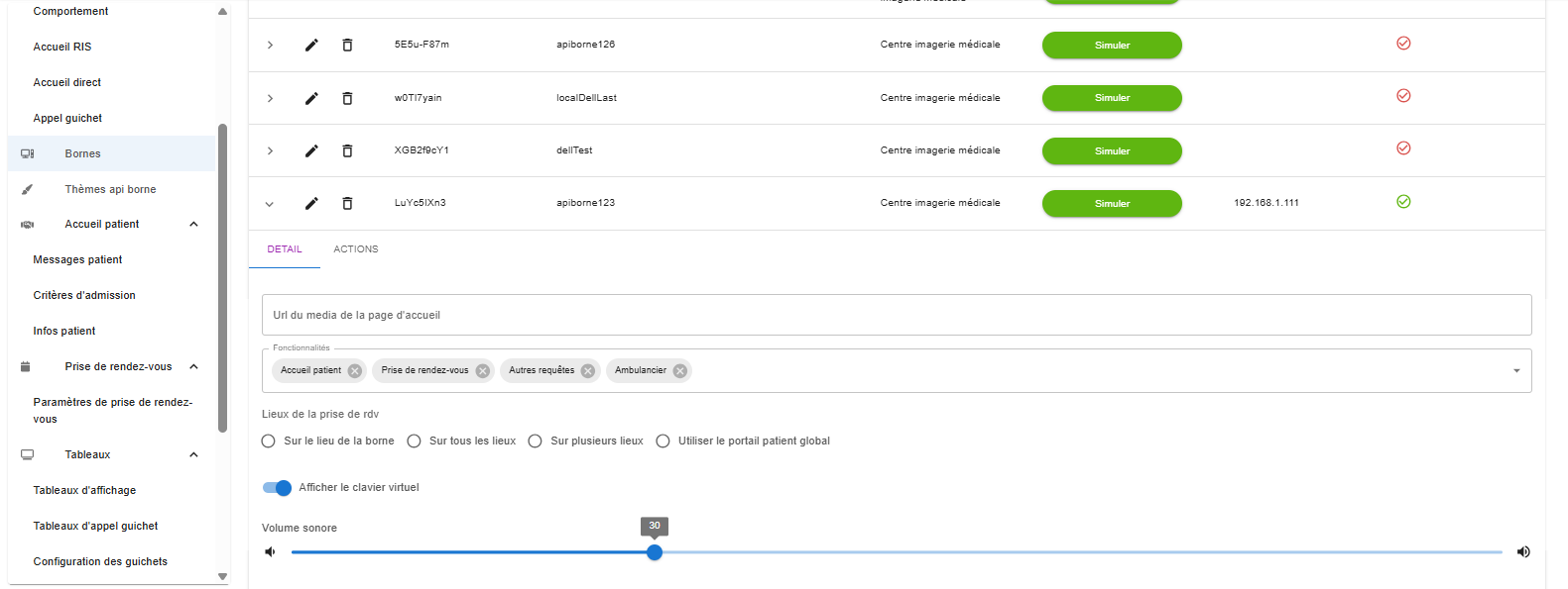 Gestion des Bornes - Tableau avec statuts et actions